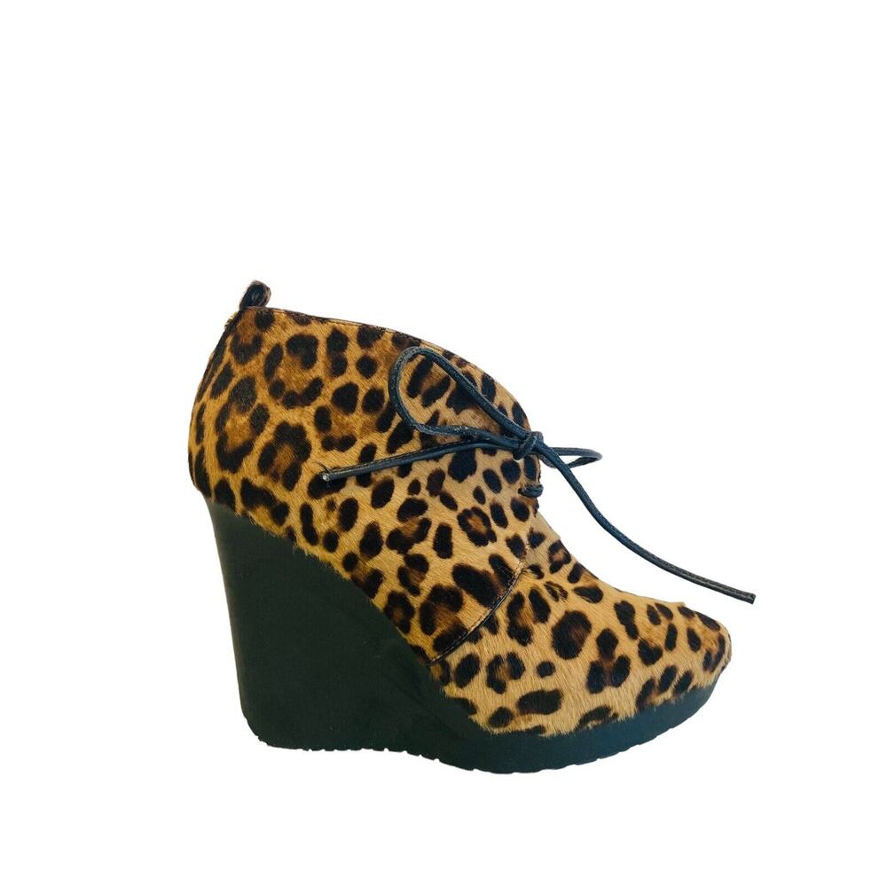 JIMMY CHOO Brown Leopard Calf Hair Baxter Wedge Lace Up Ankle Booties Size 34.5